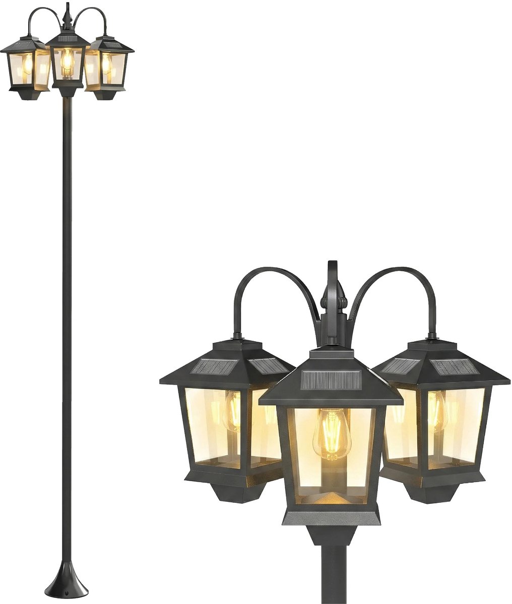 Bresht Tuinlamp - Tuinlampjes - 3 Elegante koplampen - 12 Zonnepanelen - Schemersensor - 12 uur verlichting - 40X34,5X188 cm