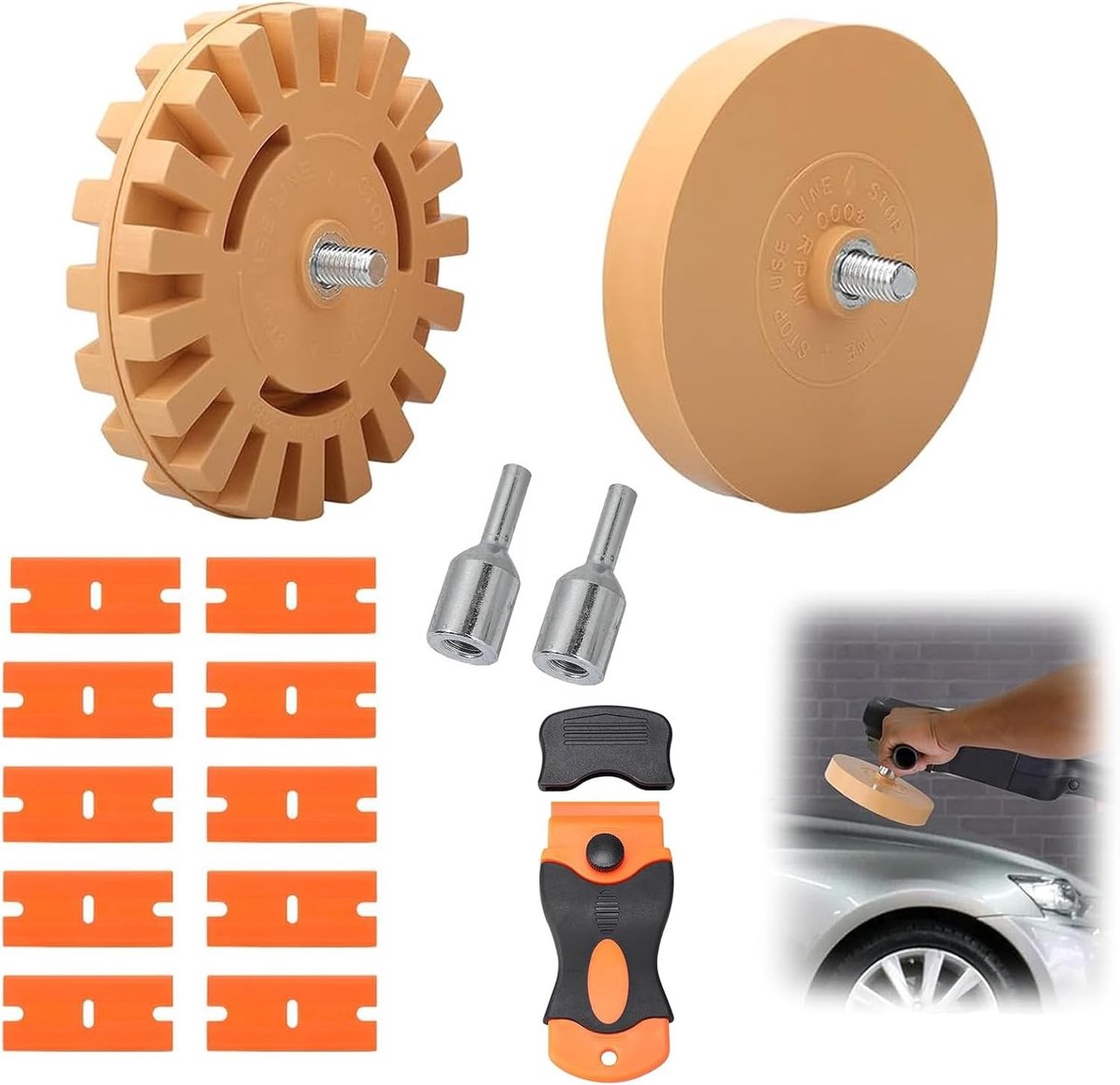 Eraser Disc Set van 2 voor het Verwijderen van Foil Lijmresten met Plastic Schraper en Blad, Ideaal voor Auto en Creatieve Projecten