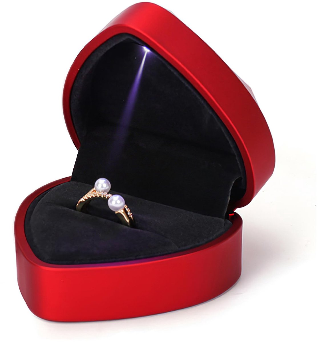 Ringdoos hartvormig met ledlicht - fluwelen voering - voor trouwring of verlovingsring - sfeervolle presentatie - ShopVlot