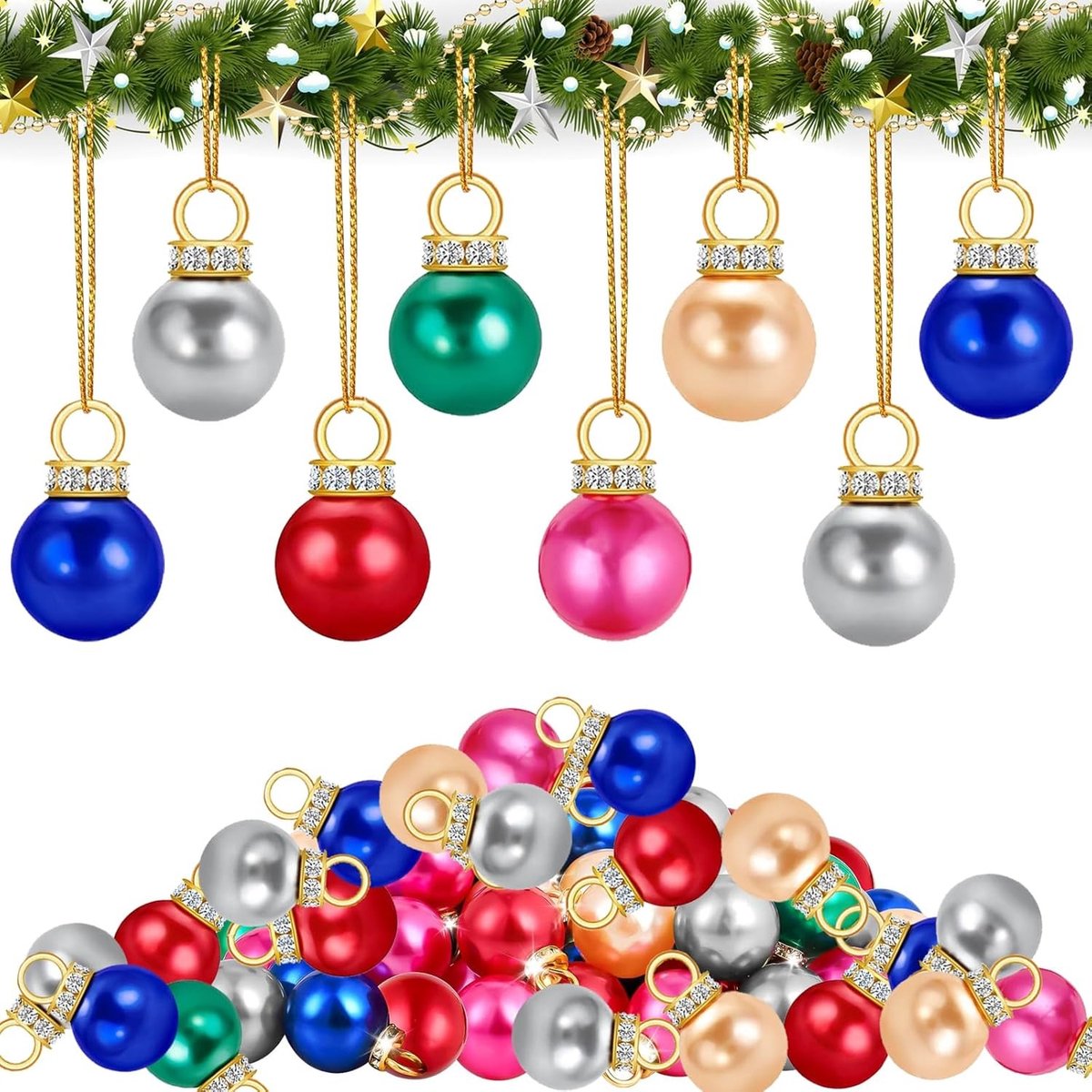 Kleurrijke Mini Kerstballen 16 mm - 66 Stuks met 10 m Gouden Draad voor Kerstbomen, Guirlandes en Decoratie