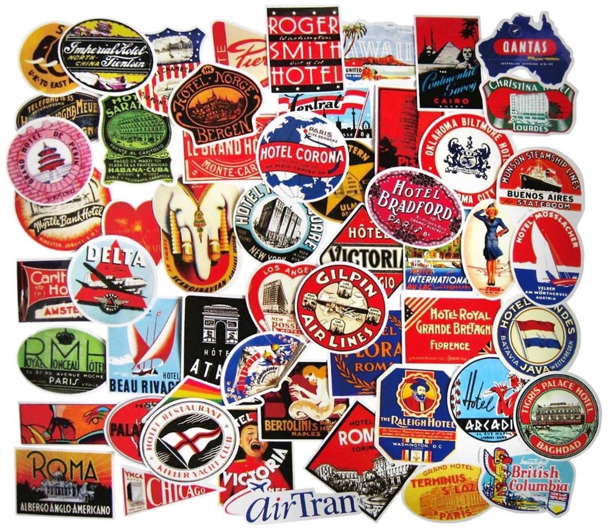 55 Vintage Hotel Stickers – Hotellogo’s, Reizen & Steden – 4 x 7 cm