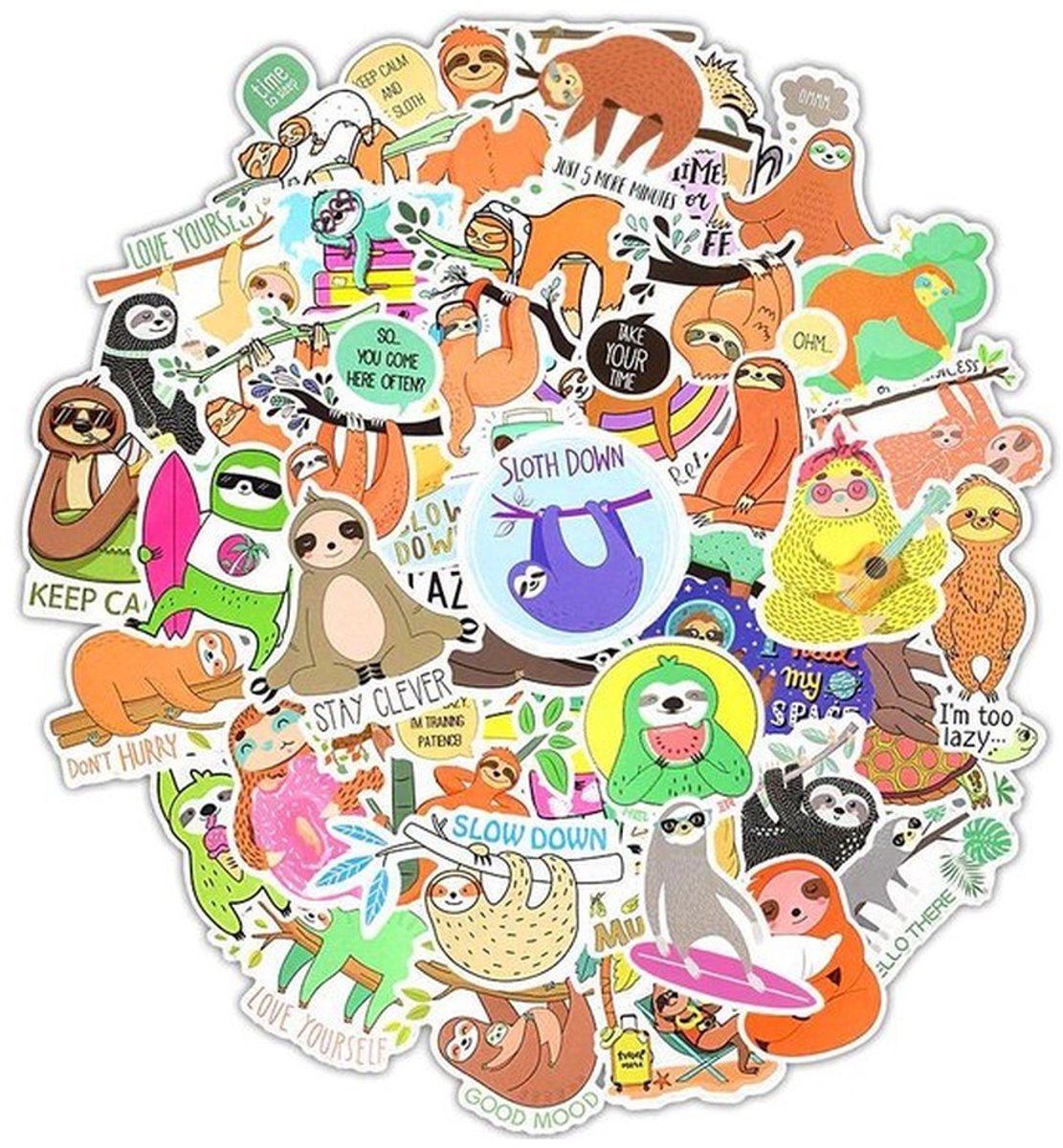 50 Luiaard Stickers – Grappige Dieren & Engelse Teksten