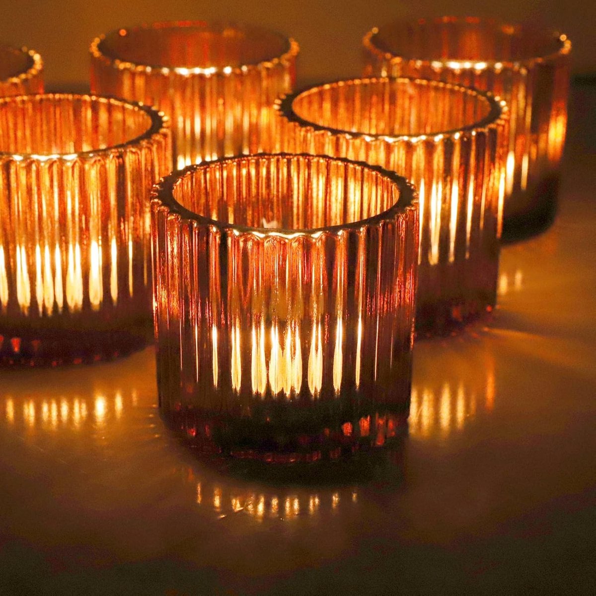 Theelichthouders - Bruin - 7 x 6,5 cm - Glas - Set van 6