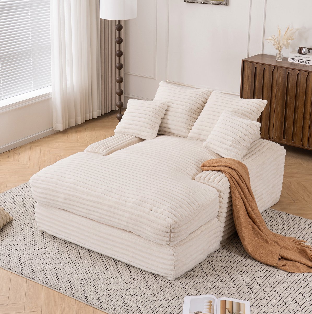 Wishdor Loungebed - Ribstof chaise longue - Traagschuim - Zonder montage - Met 4 kussens - Voor volwassenen - Indoor - Beige - 135 x 165 x 58 cm