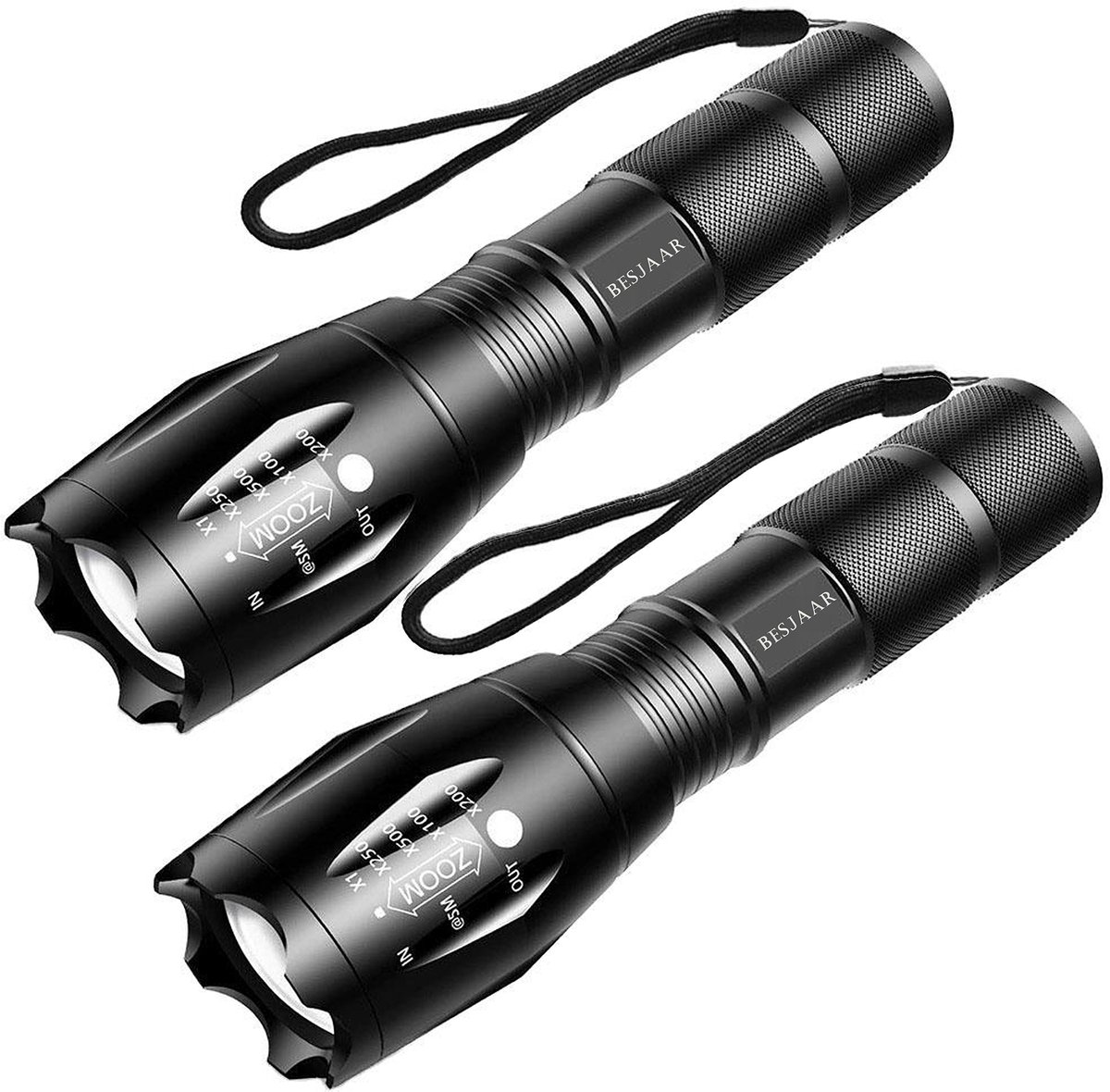 Besjaar® Zaklamp - Militaire zaklamp - Kinderen & volwassenen - zaklamp militaire - 1200 Lumen - Waterproof - Zwart - 2 stuks - Inclusief Batterijen