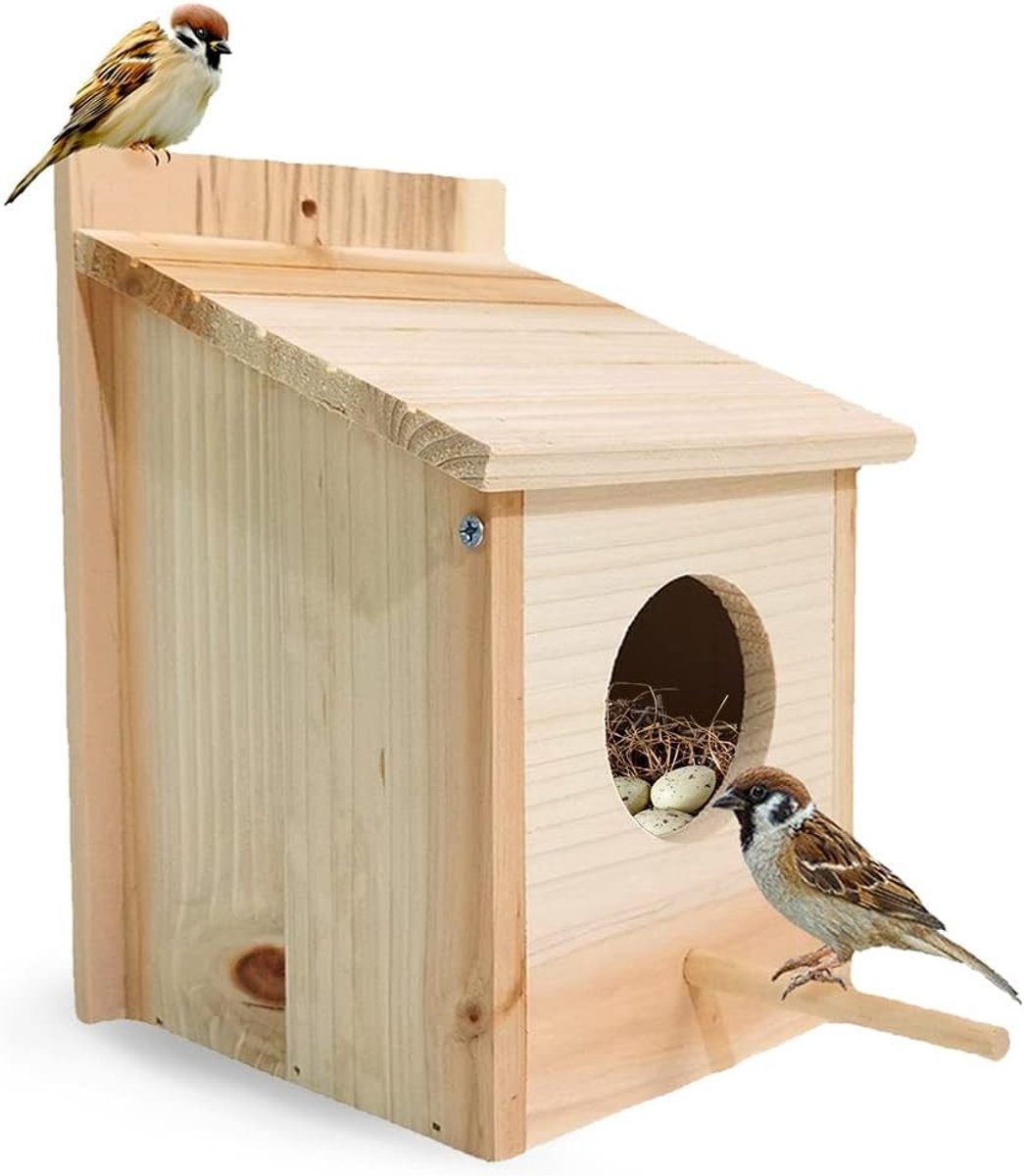 Vogelhuisje - Natuurlijk Hout - 15 x 15 x 22 cm - Weerbestendig Vogelhuisje voor Mezen en Roodborstjes