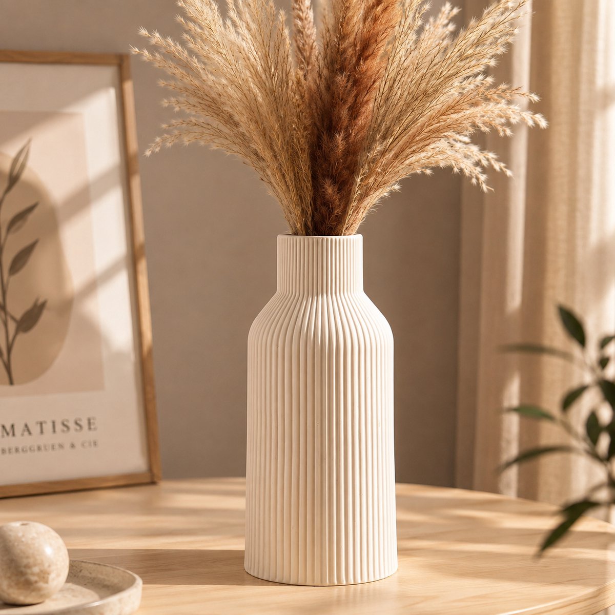 Keramische vaas voor pampasgras - 20 cm - wit mat - modern design - bloemenvaas voor woonkamer, slaapkamer en meer