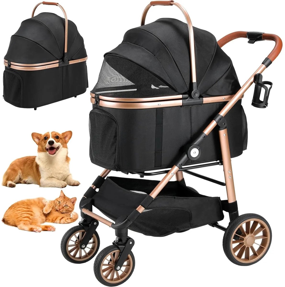 Molhaus Hondenbuggy 2-in-1 | Opvouwbaar | Tot 25 kg | 360° Wielen | Afneembare Transportmand | Achterrem | Voor Hond & Kat