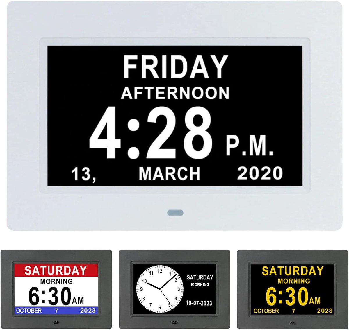 inch LCD digitale klok met kalenderfunctie, datum, dag en tijd, niet-afgekortte klokweergave, automatische dimfunctie, 8 talen, HD-display, herinneringsfunctie voor mensen met Alzheimer, ouderen en kinderen (wit)