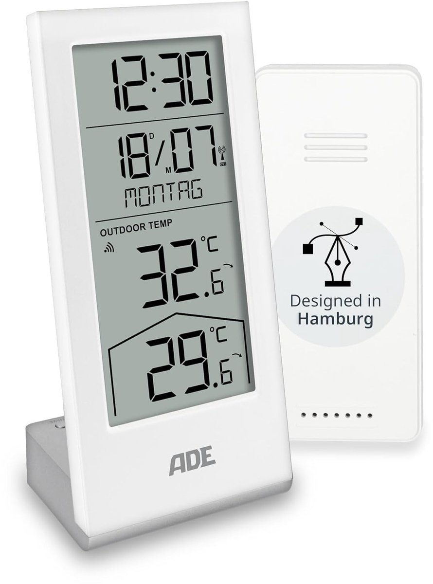 Draadloos Digitaal Weerstation - Wit - 6,3 x 6,3 x 13,5 cm - Met Buitensensor en Radiogestuurde Klok - Voor Nauwkeurige Temperatuurbewaking