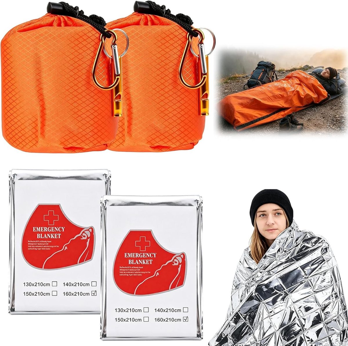 Noodslaapzak - Oranje en Zilver - 210 x 90 cm - Isolerende en Scheurvaste Folie - Voor Overleving en Noodgevallen
