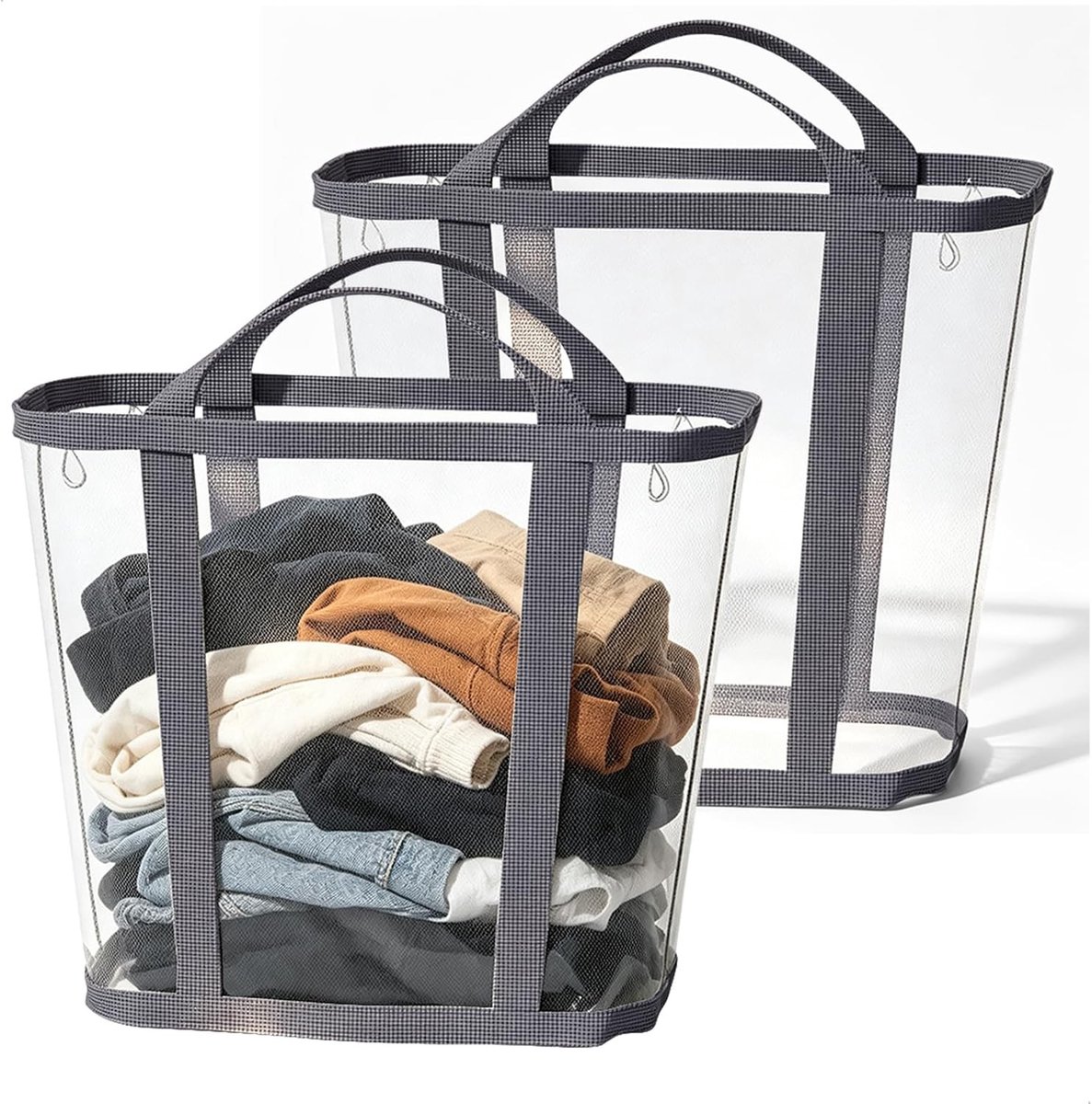 Set van 2 Vouwbare Opbergmanden van Gaas met Grote Capaciteit en Hanglussen voor Badkamer en Huishoudelijk Gebruik, Ruimtebesparend Ontwerp in Elegant Grijs, 35 x 22 x 37 cm