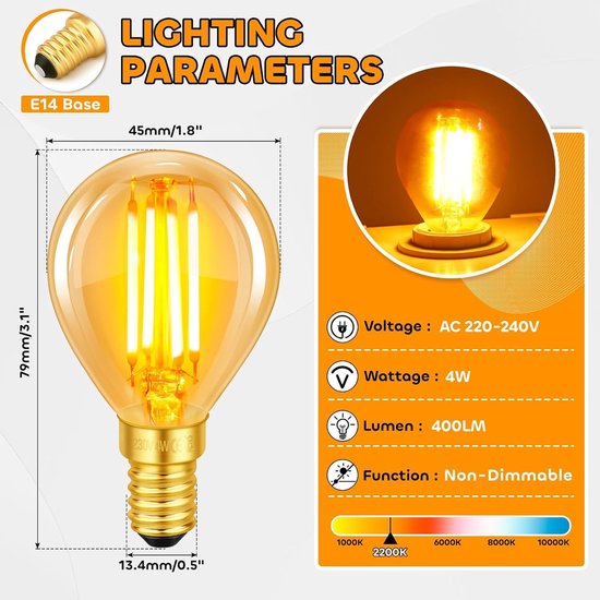 Set van 6 E14 LED Vintage Lampen, 4W Filament Vervangt 40W Gloeilamp, Warm Wit 2200K, Amber Glas, 400 Lumen, Golfbal P45/G45, Niet Dimbaar, Nostalgische Decoratie voor Huis, Café en Bar — afbeelding 5