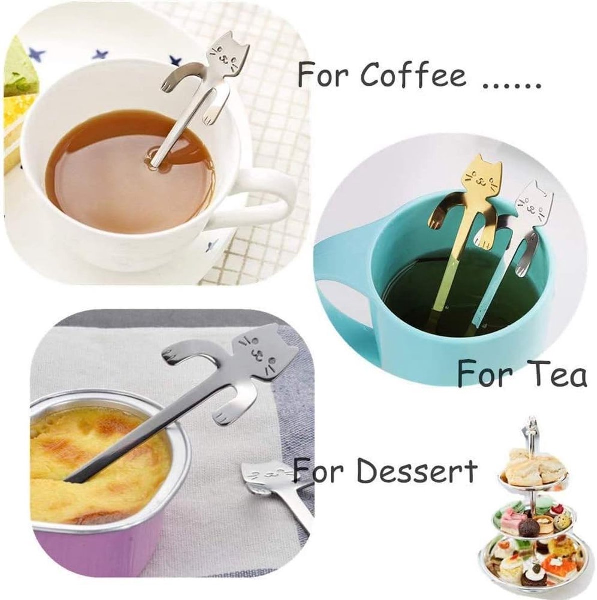 Kattenvormige koffielepel van roestvrij staal, ideaal voor dessert, suiker en kruiden - Set van 6 stuks