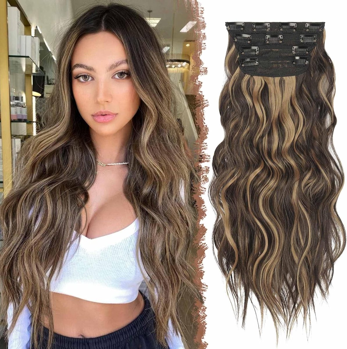 Clip-In Haarextensions, 4 Delen Dikke Geaccentueerde Haarstukken, Lange Golvende Clip-In Extensions, Synthetisch Haar voor Vrouwen, 20 Inch, Bruin Geaccentueerd Karamelblond, Perfect voor Volumineus Haar en Stijlvolle Looks