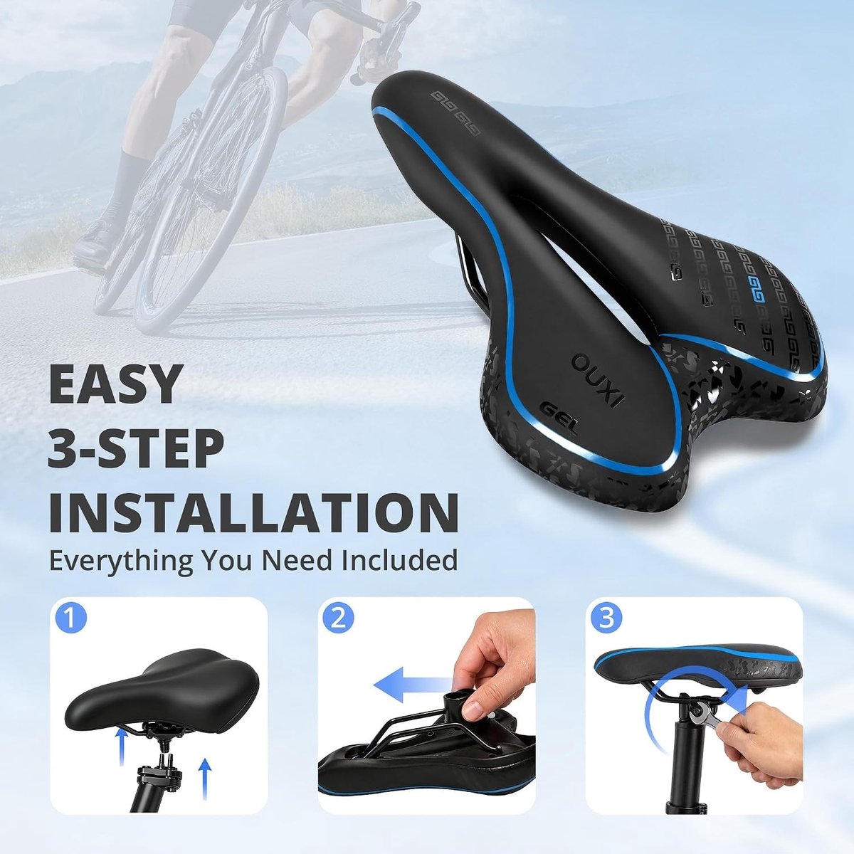 Fietszadel - Blauw - Ergonomisch Gel Zadel voor Mountainbike en Toerfiets - Geschikt voor Dames en Heren