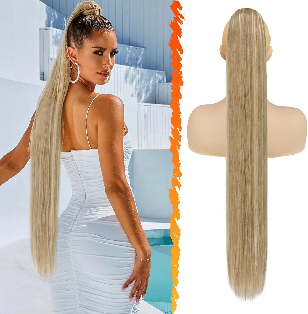 Lange Rechte Ponytail Haarextensions van 34" in Licht Asblond, Perfect voor Vrouwen, Gemakkelijk te Bevestigen met Drawstring en Clip-in Functie