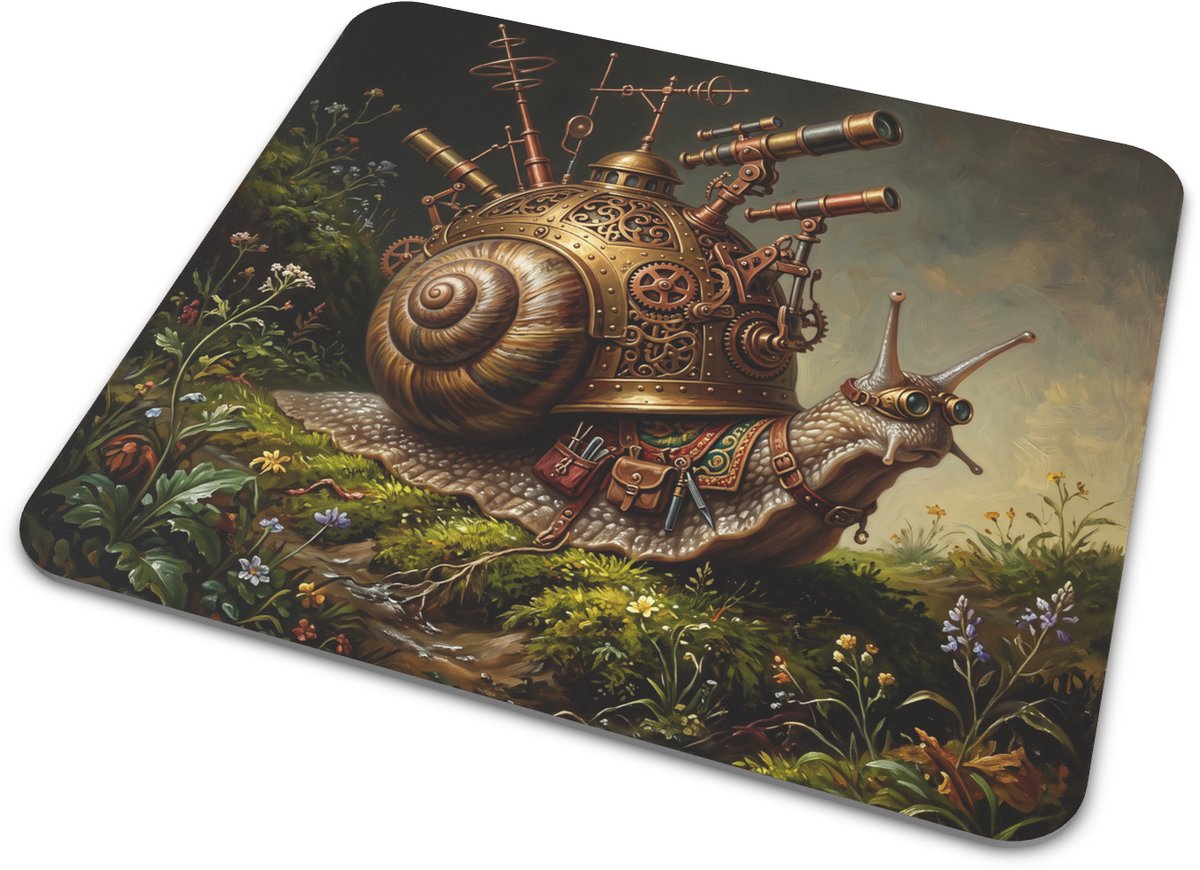 Muismat slak Steampunk snail mobile observatory inventor (Helix pomatia) op mosheuvel bureau onderlegger