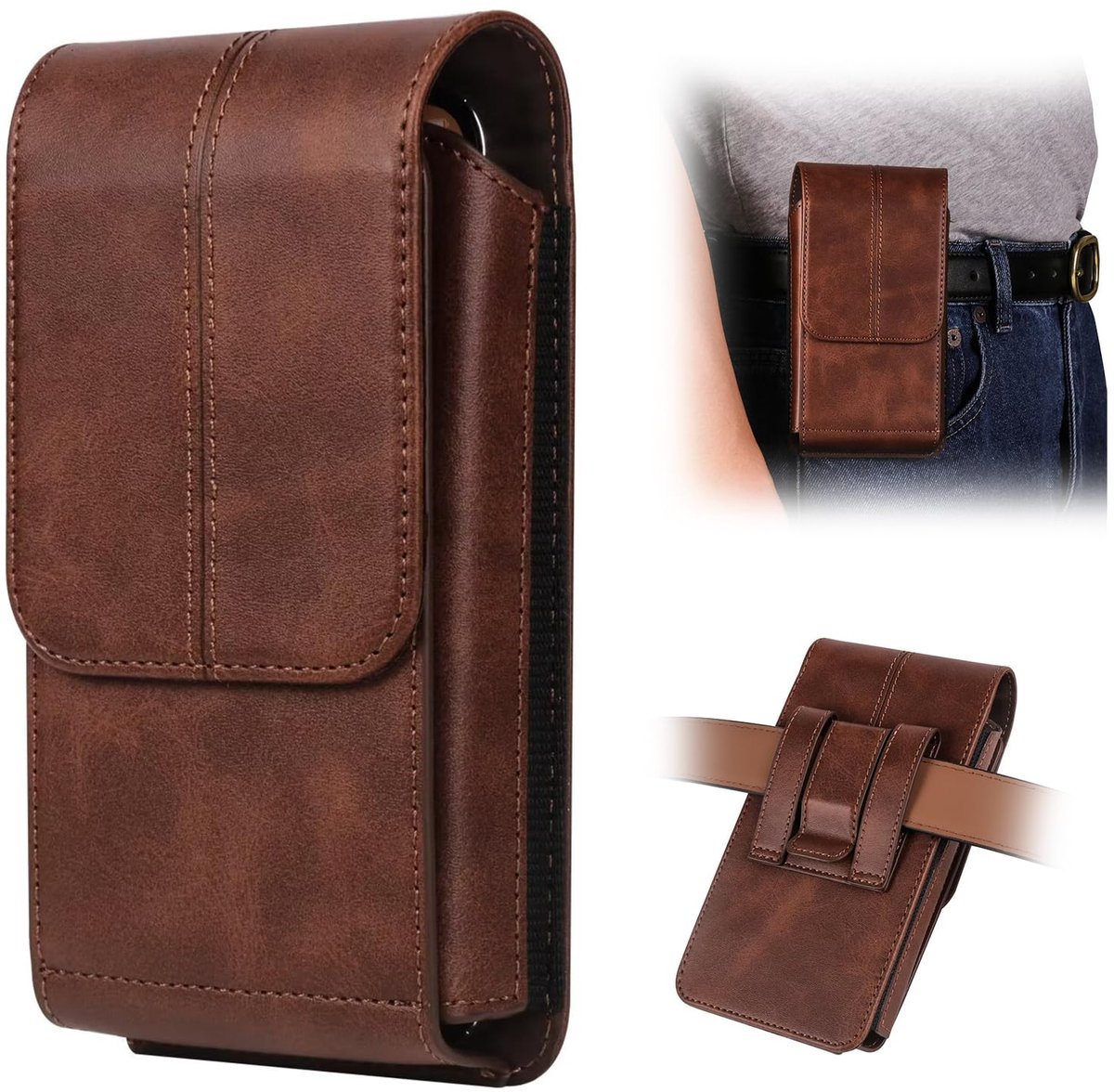 Telefoonholster met sterke riemclip - leren bruin - magnetische sluiting - handige telefoonriemhouder - ShopVlot