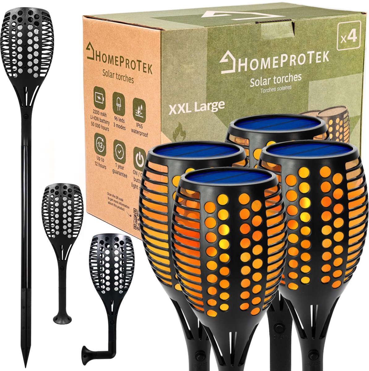 Fakkels op zonne-energie buiten - XXL set van 4 - 96 ledlampen - 3 lichtstanden voor sfeervolle verlichting - ShopVlot