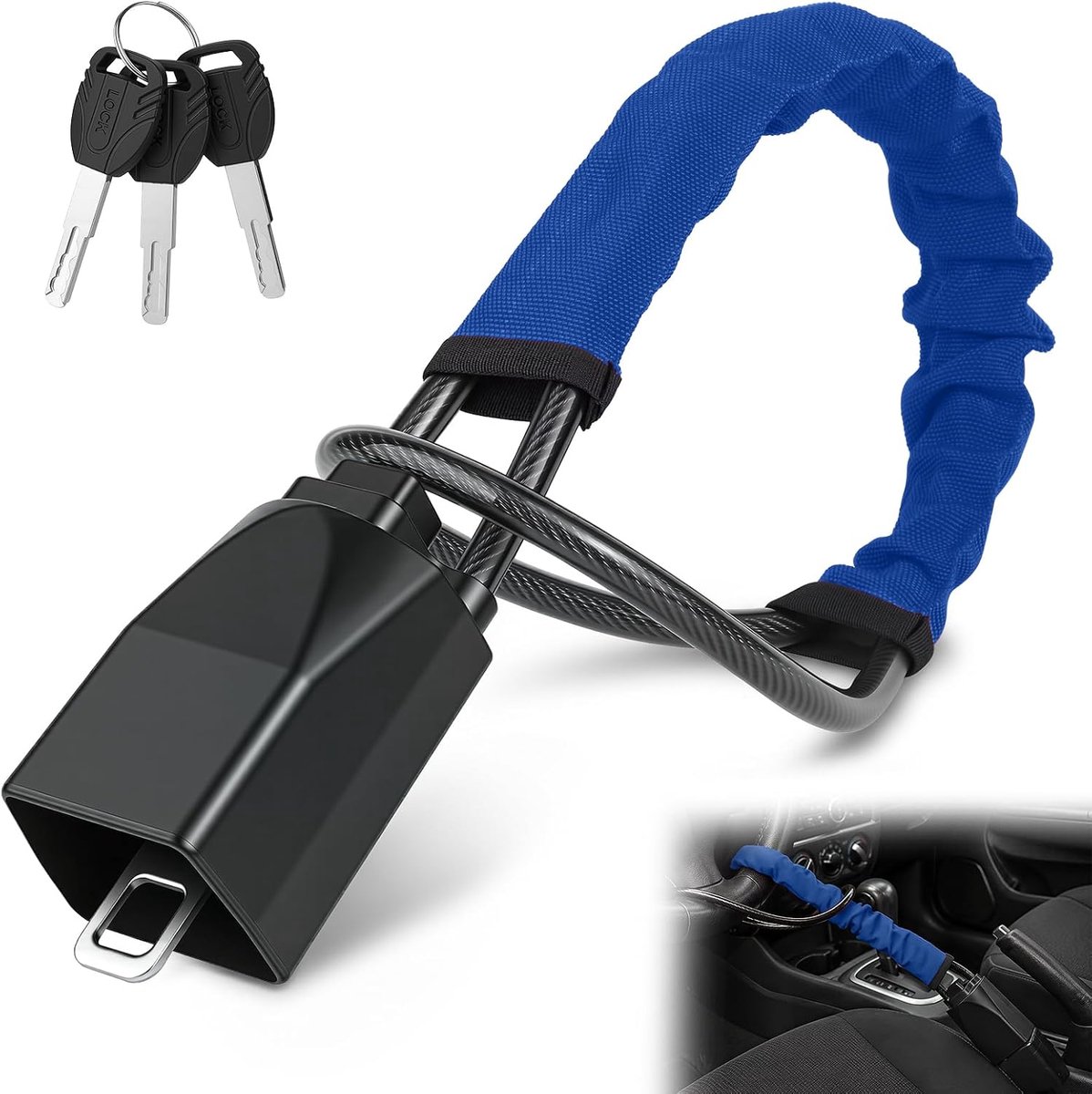 Autostuur- en gordelslot - 17 inch universeel antidiefstalapparaat voor auto's, SUV's en golfkarretjes | Compact en lichtgewicht veiligheidsslot met multifunctionele sleutels (Blauw)