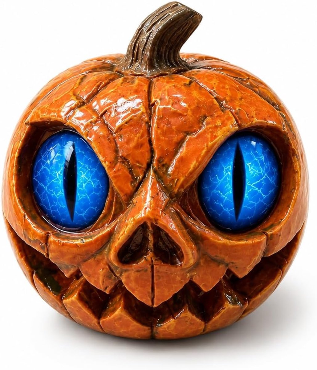 Casalora® Halloween Decoratie Pompoen – Resin Jack O Lantern Beeld met Kattenoog Design – Horror Tafeldecoratie voor Bureau, Plank, Mantel en Halloween Feest – Blauw