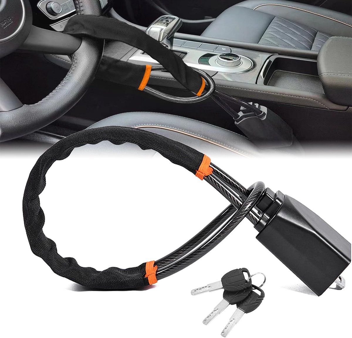 Autostuur- en gordelslot - 17 inch universeel antidiefstalapparaat voor auto's, SUV's en golfkarretjes | Compact en lichtgewicht veiligheidsslot met multifunctionele sleutels (zwart)