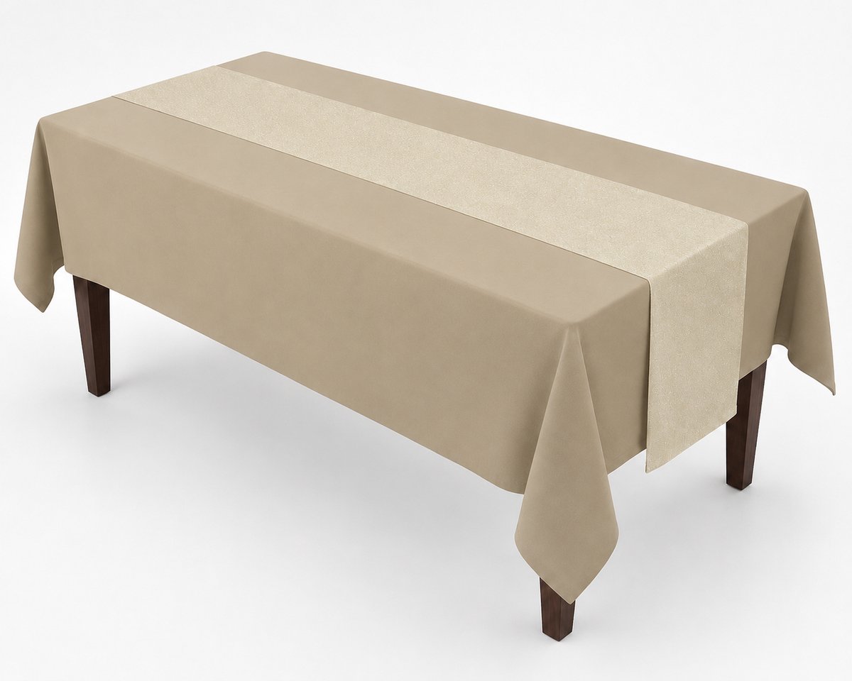 Benza – Kersttafelkleed met Glitter Tafelloper – 2-delige Set – Champagne met Goud – 140 × 220 cm en 28 × 220 cm