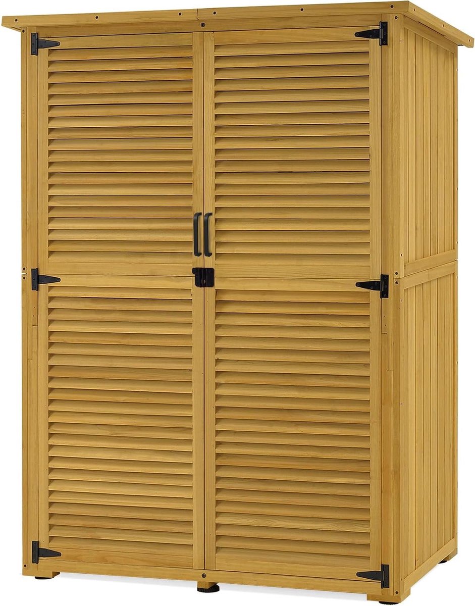 Tuinkast van hout - Opbergkast buiten - Tuinspullen opbergen - Weerbestendig schuin dak - 127 x 59 x 168 cm