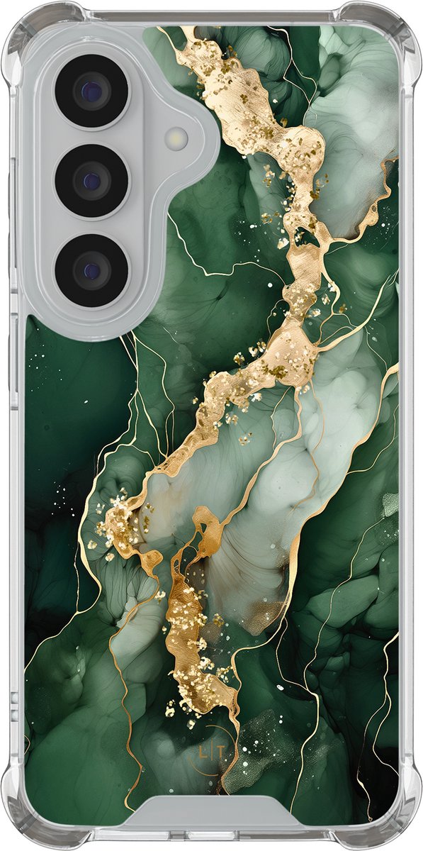 Shockproof hoesje - Geschikt voor Samsung Galaxy S26 - Marmer groen goud - Extra sterke case - TPU/polycarbonaat - Marmer - Groen, Goud, Transparant