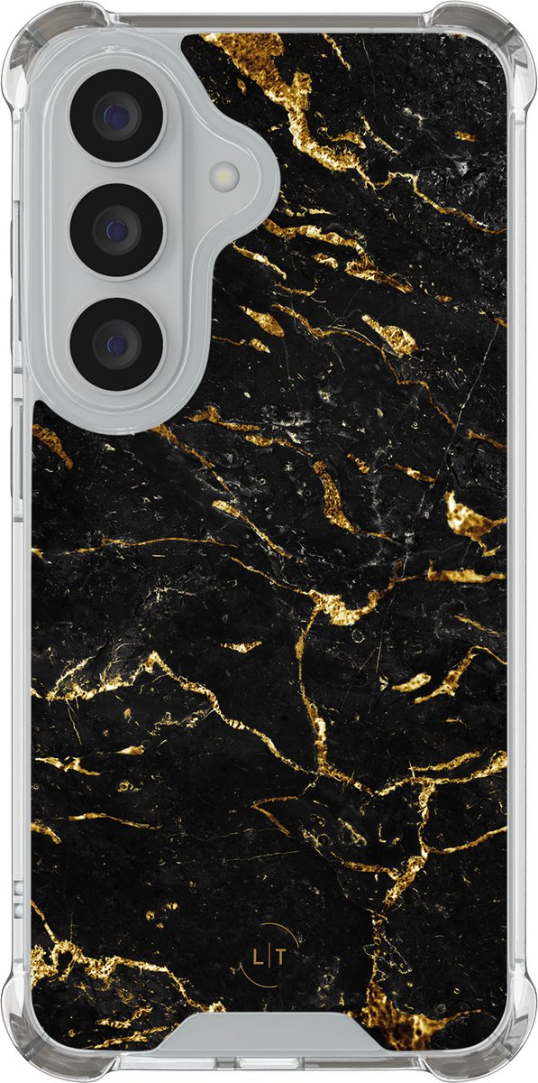 Shockproof hoesje - Geschikt voor Samsung Galaxy S26 - Marmer zwart goud - Extra sterke case - TPU/polycarbonaat - Marmer - Zwart, Goud, Transparant