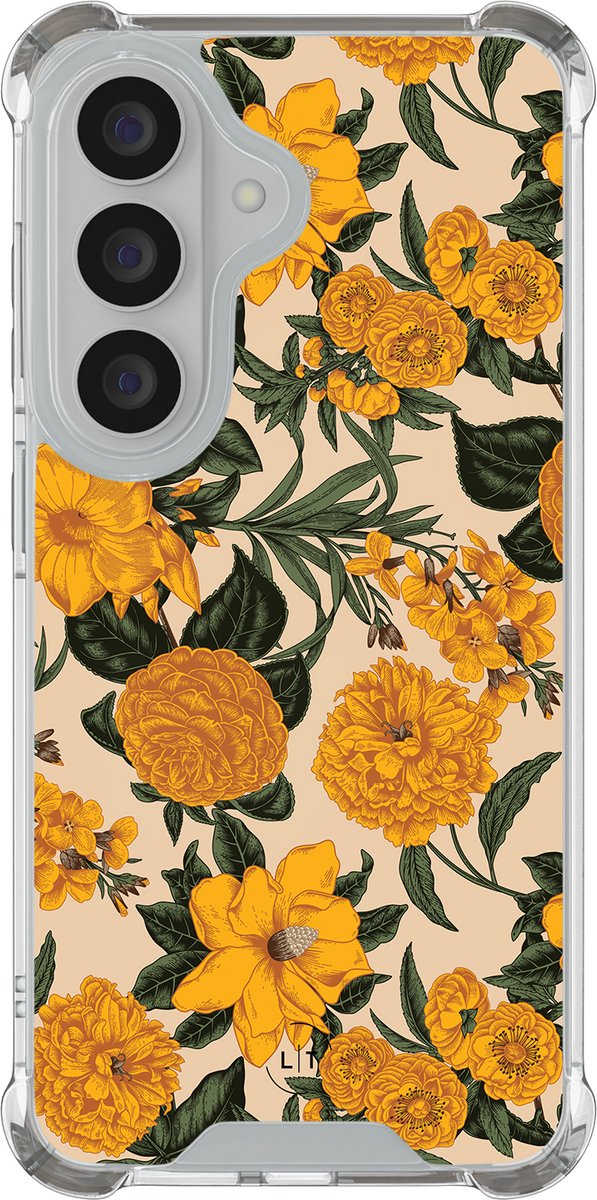 Shockproof hoesje - Geschikt voor Samsung Galaxy S26 - Retro flowers - Extra sterke case - TPU/polycarbonaat - Bloemen - Geel, Transparant