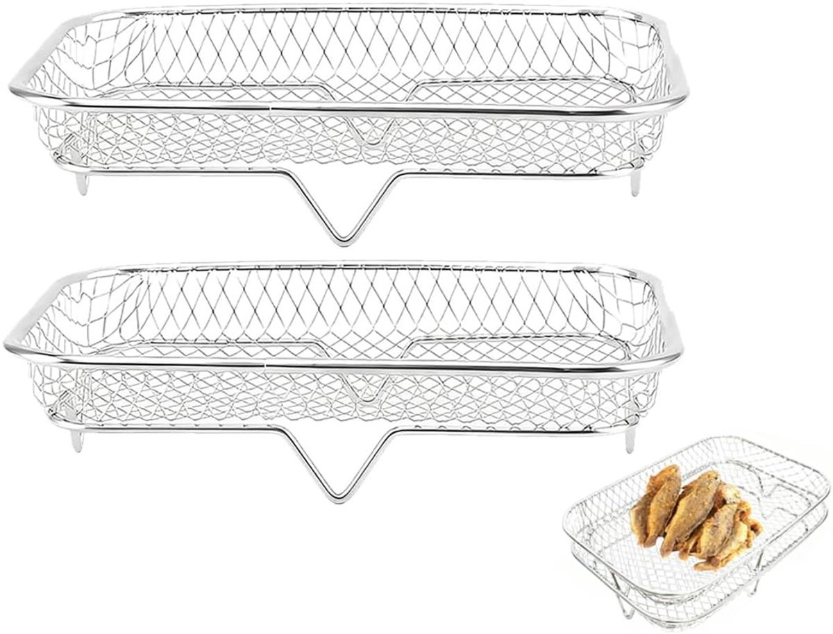 Set van 2 RVS Accessoires voor het Frituren met Hete Lucht - Rechthoekig Rack voor Airfryer, Bakaccessoires en Grillplaat