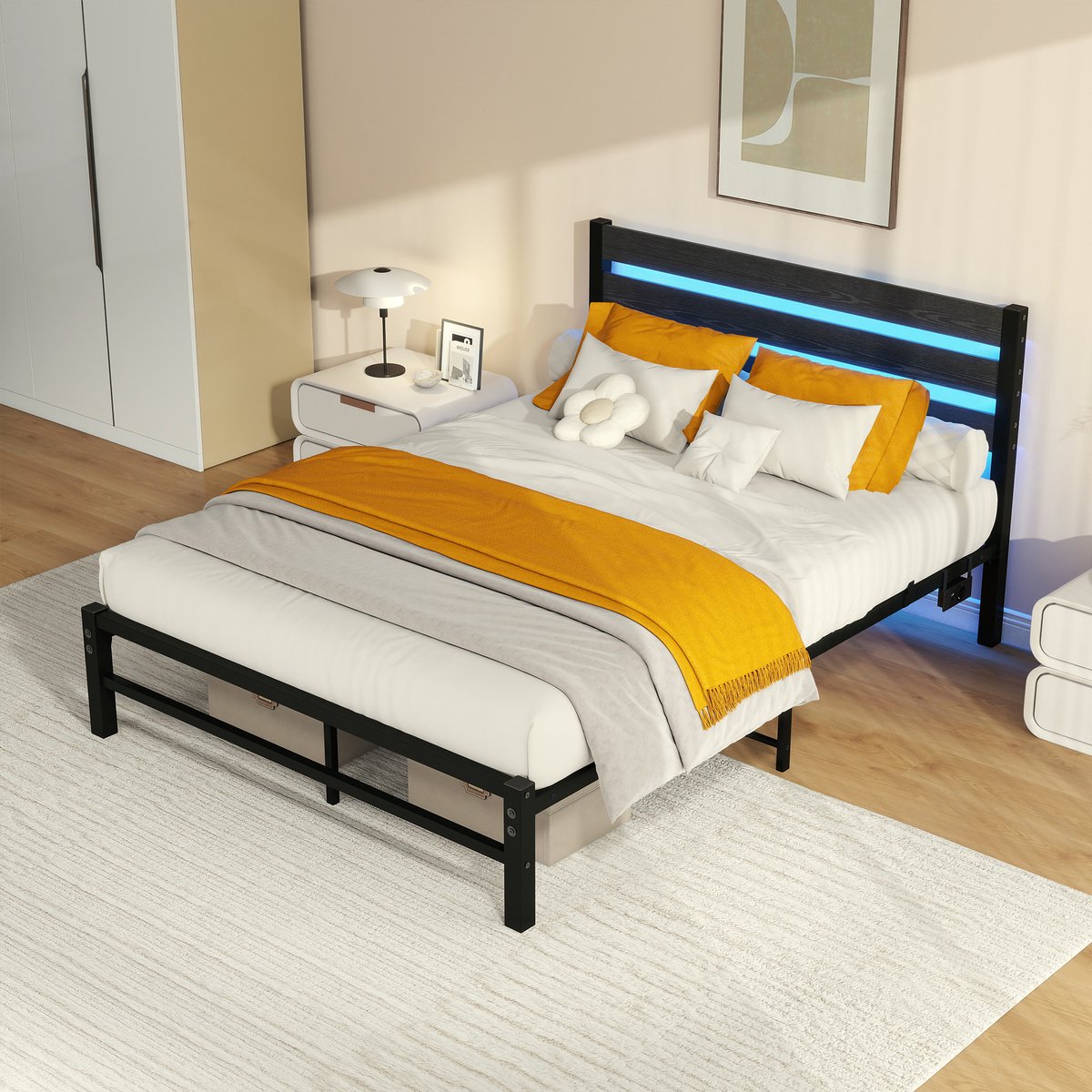 Wishdor Bedframe 140x200 cm - Met LED-verlichting en USB-laadstation - Met hoofdbord en lattenbodem - Zwart - MDF en metaal - Opbergruimte onder bed - Zonder boxspring
