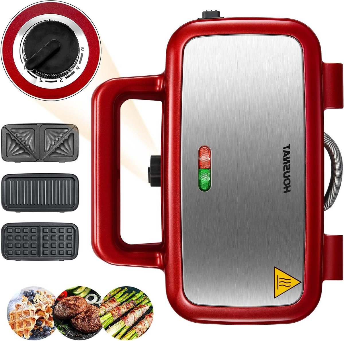 3-in-1 Keukenapparaat - Wafelijzer Tosti - Lekkere Snacks Maken - 1200W 5 Snelheden - 23 x 29 cm - Rood