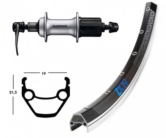 Zilveren Exal Zx 19 velg met blauwe letters en Shimano Acera naaf. Afmetingen 21,5 x 19 mm.