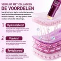 Illustratie van huidlagen met druppels. Een paars product "Calcium Volume Multi Balm" is rechtsboven geplaatst.
