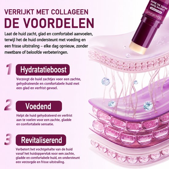 Illustratie van huidlagen met druppels. Een paars product "Calcium Volume Multi Balm" is rechtsboven geplaatst.