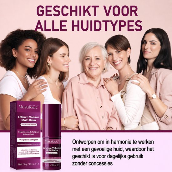 Vier vrouwen van verschillende leeftijden glimlachen. Een paars product met de tekst "Calcium Volume Multi Balm" staat op de voorgrond.