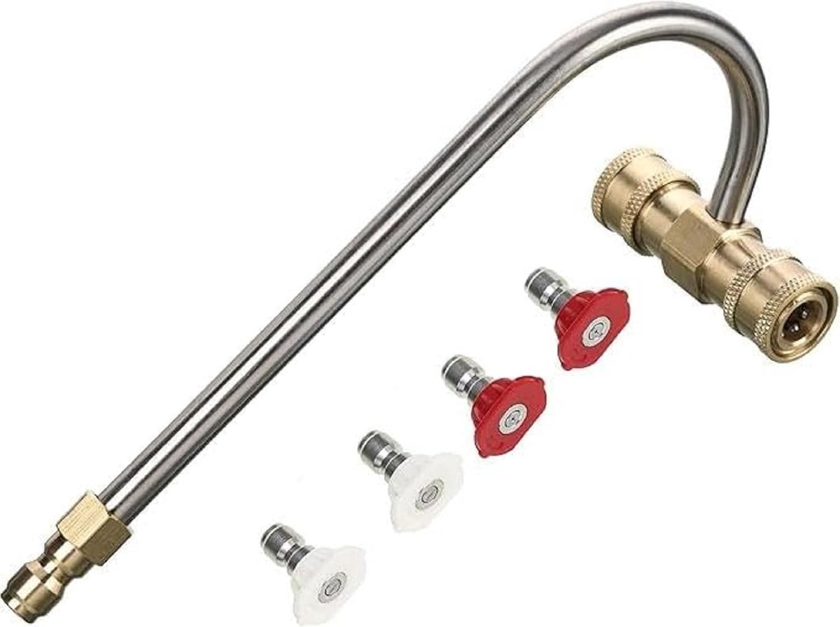 Efficiënte dakgootreiniger opzetstuk voor hogedrukreinigers tot 4000 psi met 4 sproeiers en 1/4 inch snelkoppeling voor optimale reiniging van dakgoten en afvoeren