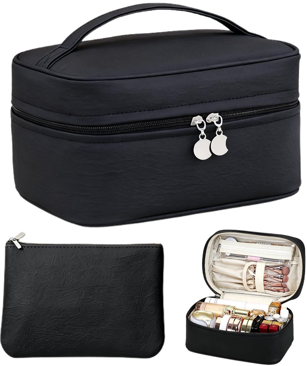 Make-up tas 2-in-1 groot - luxe cosmetica reistas zwart - met afneembaar tasje - handige toilettas organizer - ShopVlot