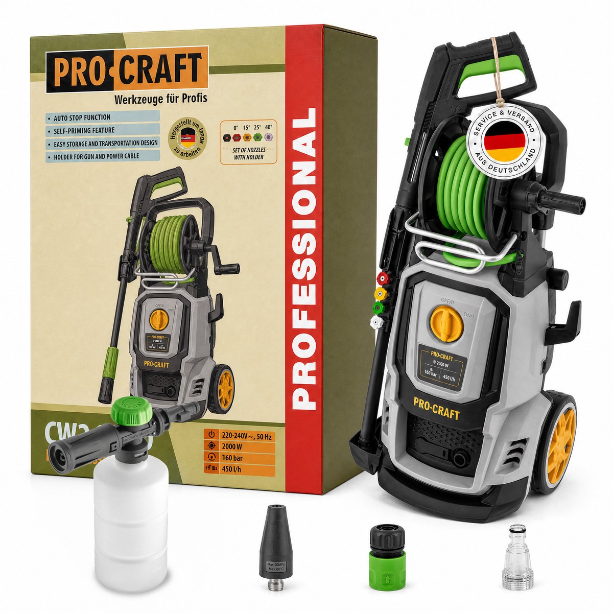 Procraft CW2.0/160 hogedrukreiniger 2000 watt 160 bar 7,5 l/min + accessoires