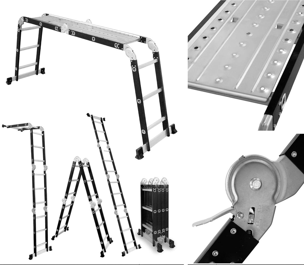 Scharnierende Ladder - Vouwladder Aluminium - Veelzijdig Klussen - Met Werkplatform - 4x3 Sporten - Zilver Zwart