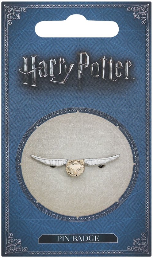 Harry Potter Speld: een zilverkleurige Gouden Snaai met vleugels, op een blauwe kaart met Harry Potter logo.