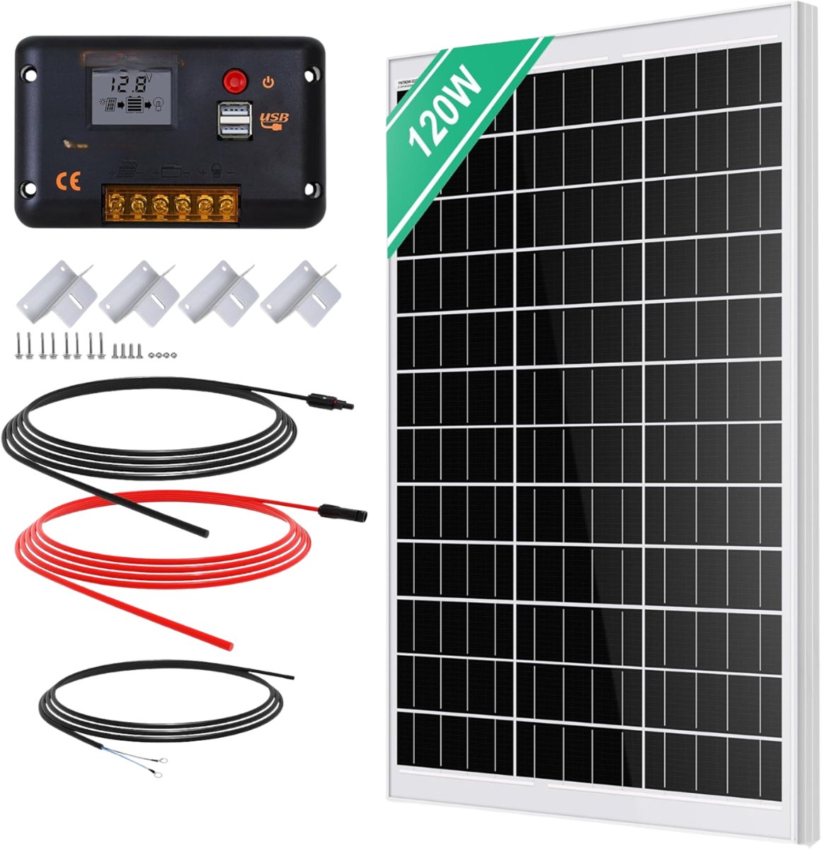 Allvia® Zonnepanelen Compleet Pakket - Zonnepanelen - Zonnepanelen met Stekker - 120 W 12 V Monokristallijn - Laadregelaar + 5 m Zonnekabel + Z-Montageclips - Zwart - 96cm x 67cm x 4cm
