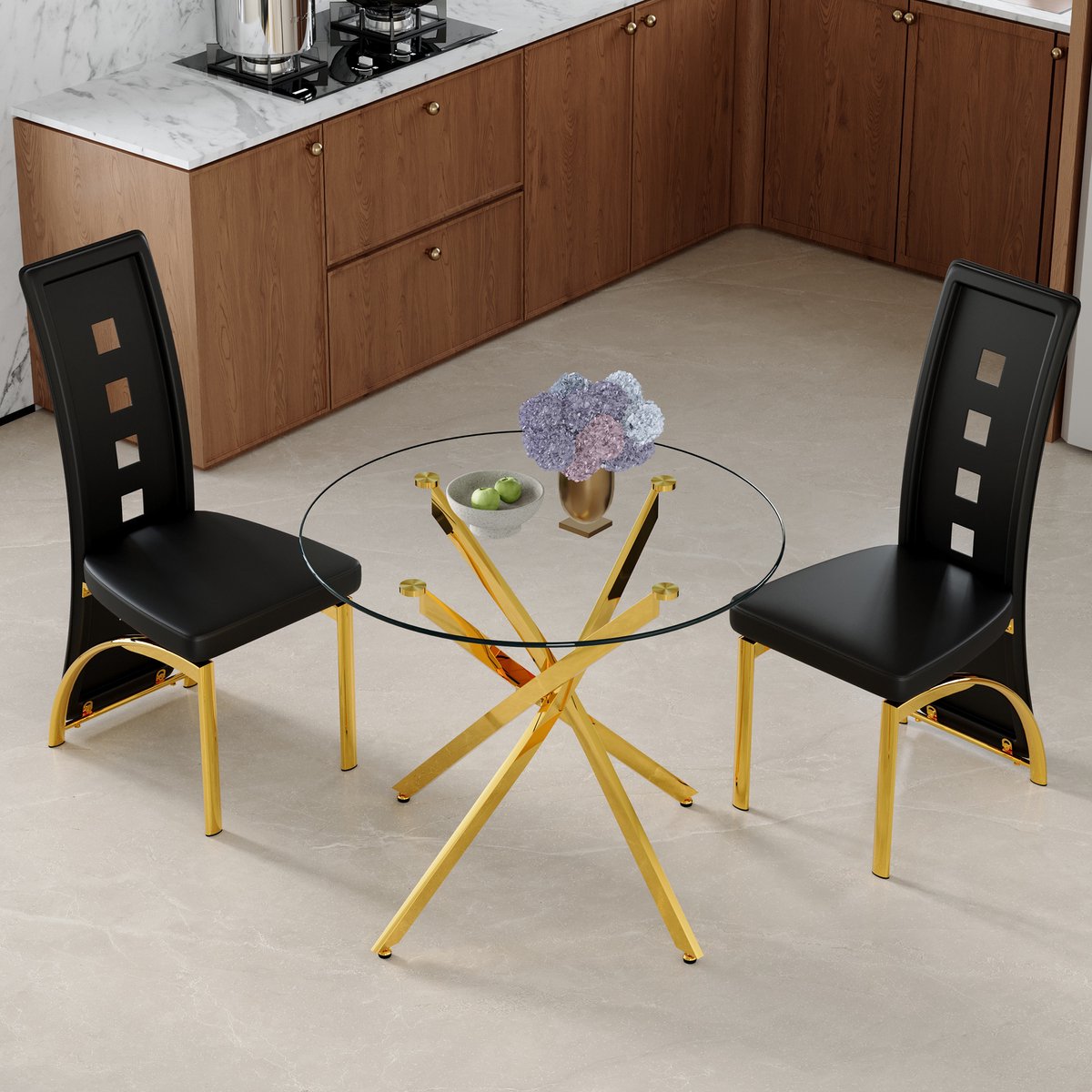 Wishdor Set tafel en stoelen - Ronde eettafel van gehard glas 88 cm - 2 eetkamerstoelen met geometrisch patroon - Modern - Metaal en kunststof - Zwart goud transparant