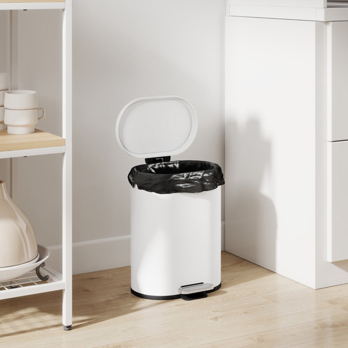 Wishdor Prullenbak 12L - Treteimer met voetpedaal en deksel - Soft-close en openblijvende stand - Met uitneembare binnenemmer - Wit - Metaal - 30 x 25,5 x 37,5 cm