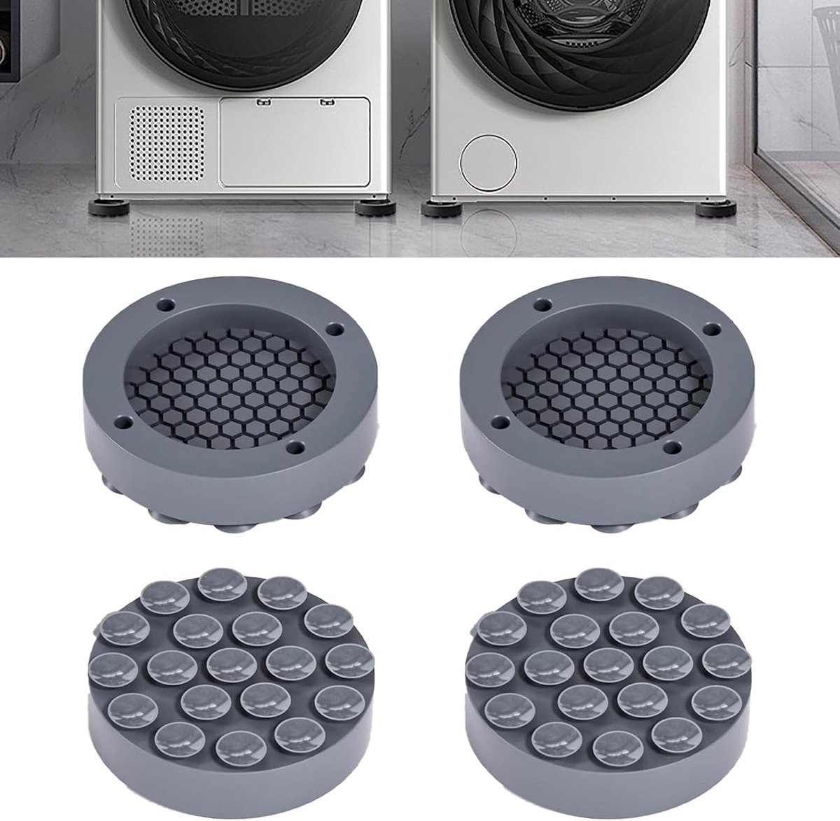 Trillingsdempers voor wasmachine en droger - Antislipmatten, Geluidsisolatie en Stabiliteit, 4 stuks, Grijs