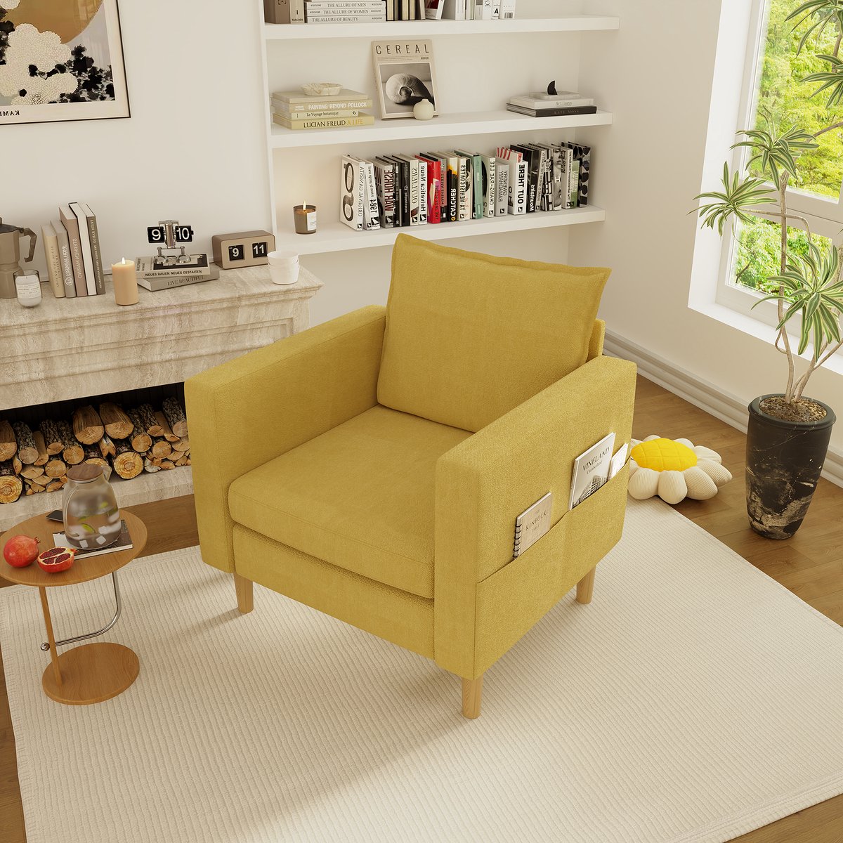 Wishdor Fauteuil - Scandinavisch design - Chenille - Met armleuningen en opbergvak - Voor woonkamer en leeshoek - Houten poten - Mosterdgeel - 68 cm