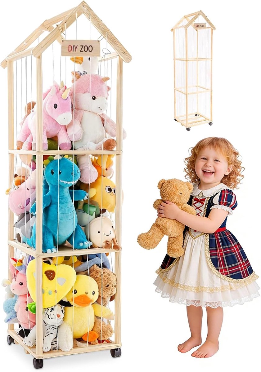 Opbergorganizer knuffels 3-laags 150 x 40 x 40 cm - massief hout - 360° draaibare wielen - ShopVlot